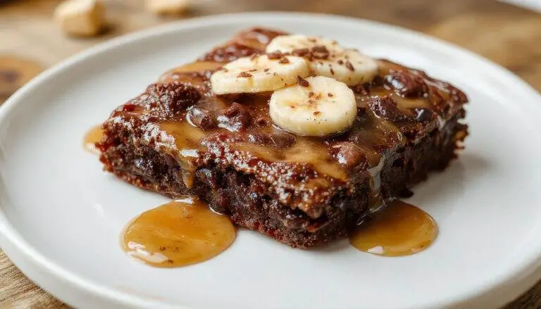 Un brownie aux bananes et beurre de cacahuète sans sucre ajouté, présenté dans un style rustique. La texture du brownie est moelleuse avec des morceaux de banane visibles et une finition légèrement dorée. La surface montre une teinte brun doré avec des éclats de cacahuète, mis en valeur par une présentation simple sur une planche en bois naturel.
