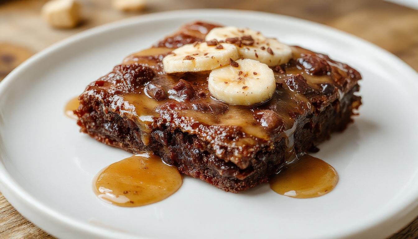 Un brownie aux bananes et beurre de cacahuète sans sucre ajouté, présenté dans un style rustique. La texture du brownie est moelleuse avec des morceaux de banane visibles et une finition légèrement dorée. La surface montre une teinte brun doré avec des éclats de cacahuète, mis en valeur par une présentation simple sur une planche en bois naturel.