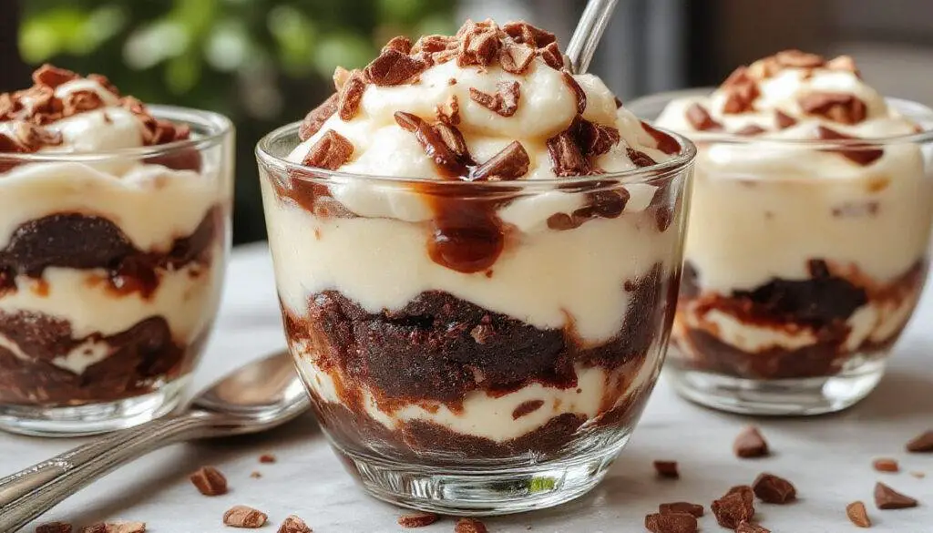 A tall glass layered with rich, creamy cheesecake mixture, fudgy brownie chunks, and a swirl of whipped cream. The parfait showcases distinct layers with a golden-brown brownie base, a smooth white cheesecake layer, topped with cocoa powder and a cherry.
