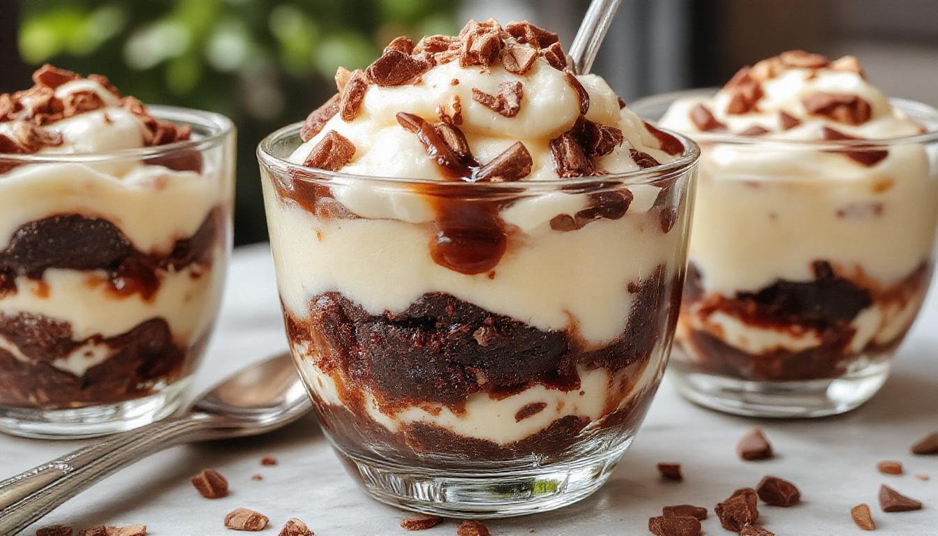 A tall glass layered with rich, creamy cheesecake mixture, fudgy brownie chunks, and a swirl of whipped cream. The parfait showcases distinct layers with a golden-brown brownie base, a smooth white cheesecake layer, topped with cocoa powder and a cherry.