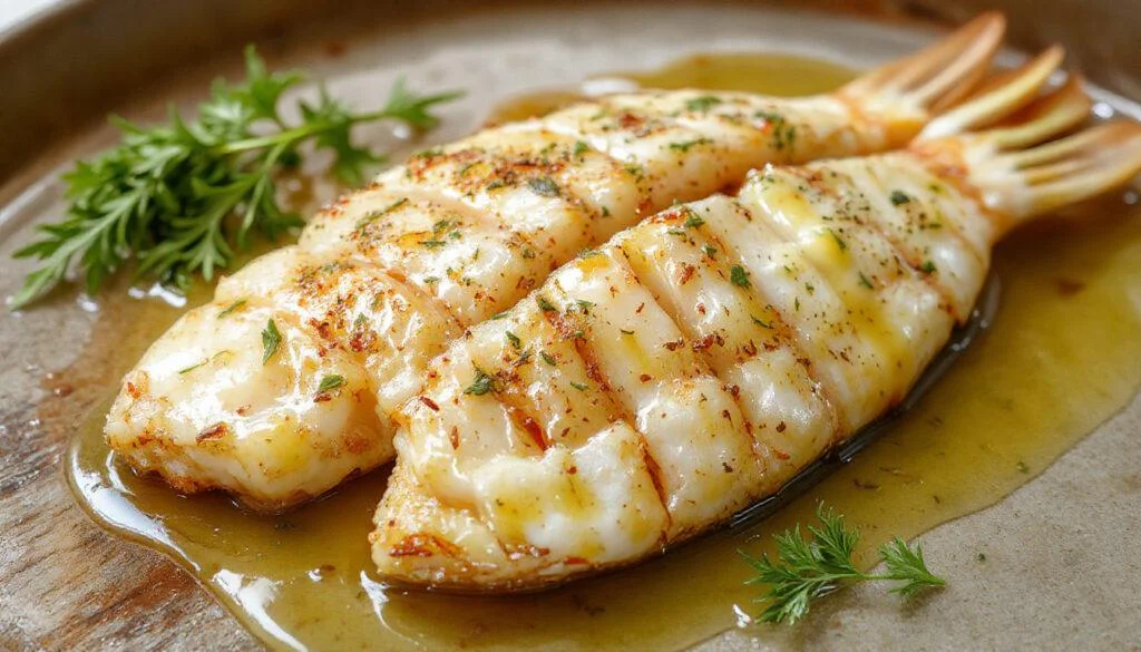 Filet de cabillaud doré, nappé d'une crème citronnée à la moutarde, présenté sur une assiette blanche avec des herbes fraîches, éclatant de couleurs et de textures