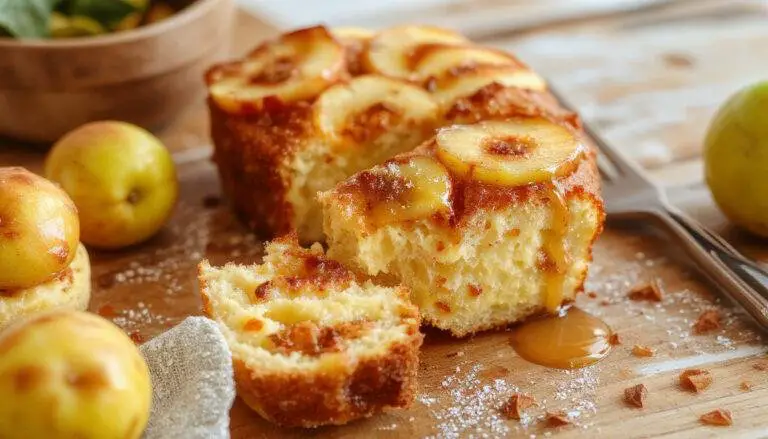 Gâteau moelleux à la frangipane et aux pommes, présenté sur une assiette blanche, avec des tranches de pommes dorées et une fine couche de frangipane visible à la coupe. La texture est équilibrée entre le croustillant et la moelleux, avec un aspect doré et appétissant.