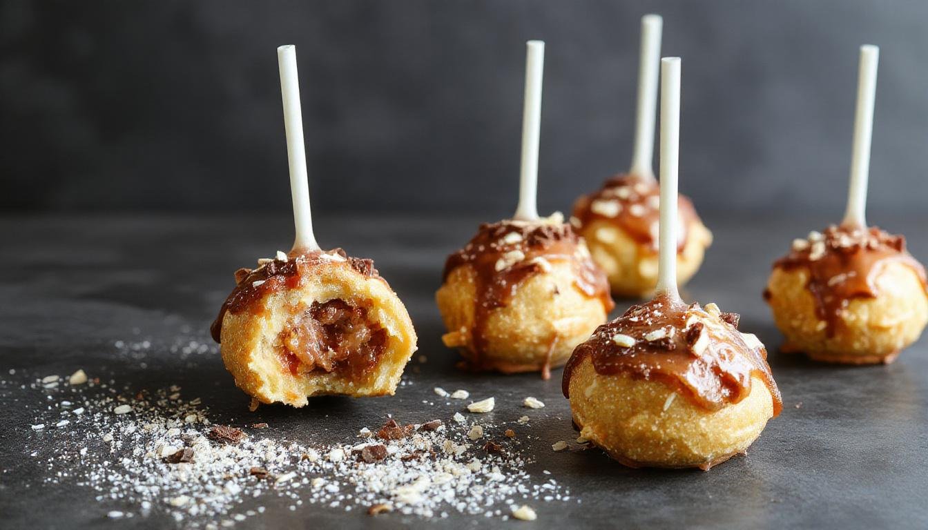 Gros plan sur des cake pops salés de forme ronde, enrobés d'une couche croustillante dorée, garnis de morceaux de jambon de bœuf et de fromage fondant, présentés sur une assiette blanche avec des touches de persil frais pour la décoration.