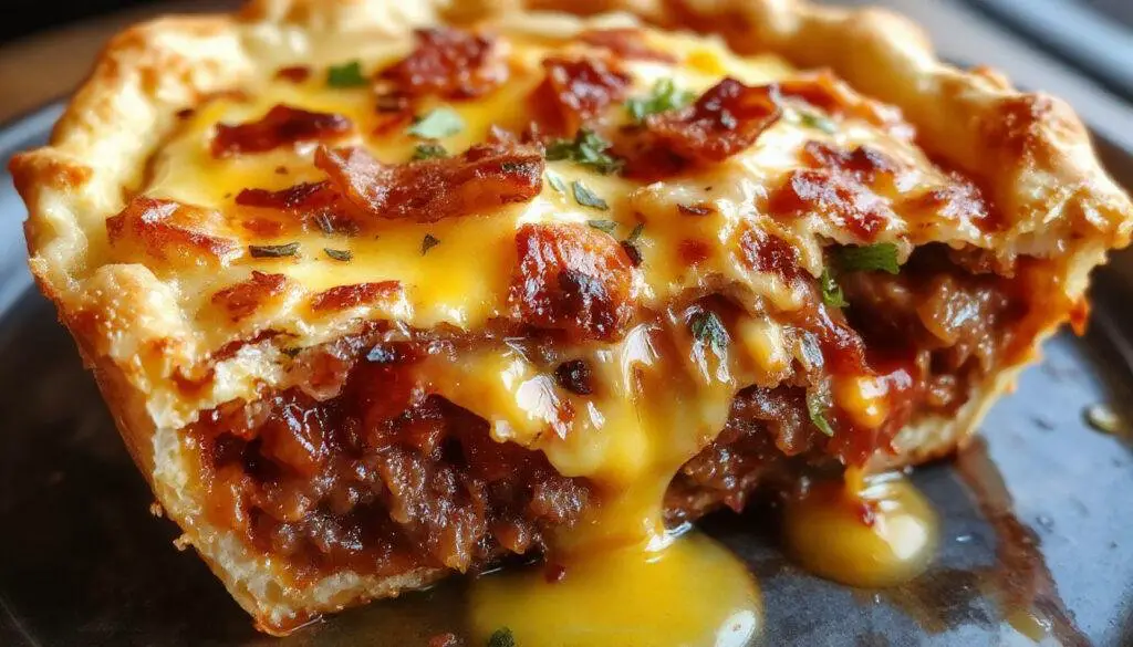 A golden-brown bacon cheeseburger pie sliced open to reveal layers of melted cheese, crumbled bacon, and seasoned ground meat inside a flaky crust, topped with crispy bacon strips and fresh herbs, served on a rustic wooden table