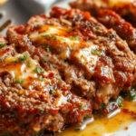 A hearty slice of carnivore meatloaf on a rustic white plate, showing a moist, flavorful interior with a caramelized crust on top, garnished with fresh herbs, set against a wooden table with minimalistic styling.
