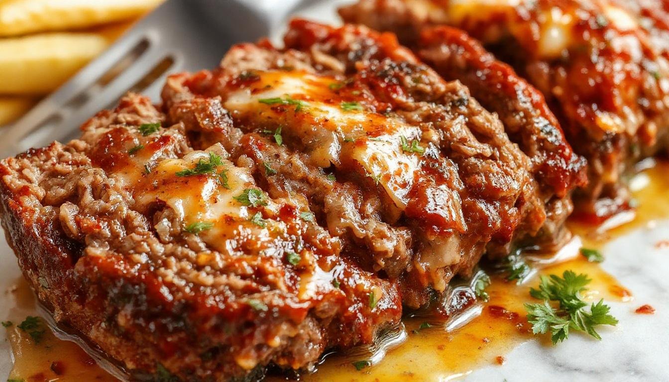 A hearty slice of carnivore meatloaf on a rustic white plate, showing a moist, flavorful interior with a caramelized crust on top, garnished with fresh herbs, set against a wooden table with minimalistic styling.
