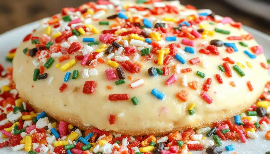 Close-up of colorful celebration sprinkled funfetti cookies decorated with vibrant sprinkles