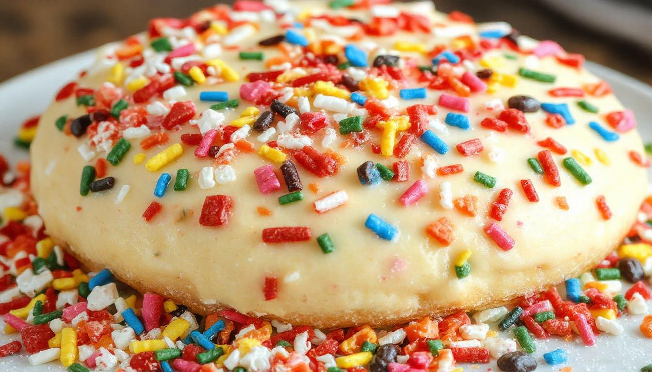 Close-up of colorful celebration sprinkled funfetti cookies decorated with vibrant sprinkles