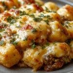 A golden-brown casserole dish topped with crispy Tater Tots and melted cheese, garnished with chopped green onions, served on a rustic wooden table