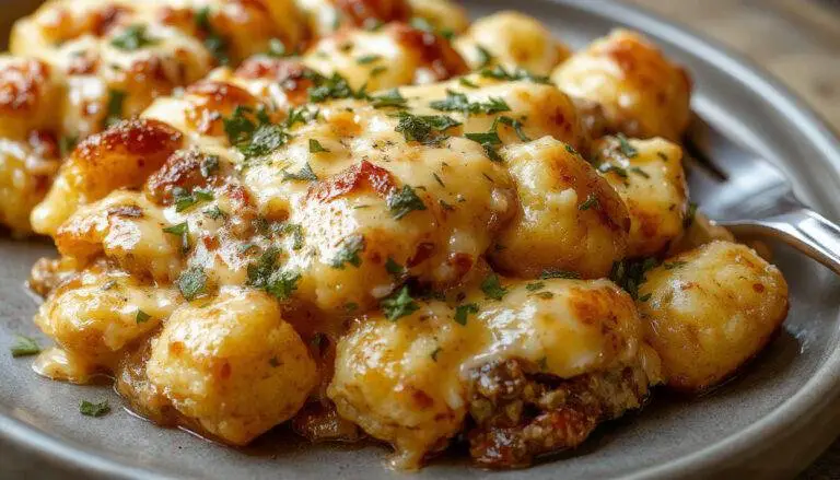 A golden-brown casserole dish topped with crispy Tater Tots and melted cheese, garnished with chopped green onions, served on a rustic wooden table