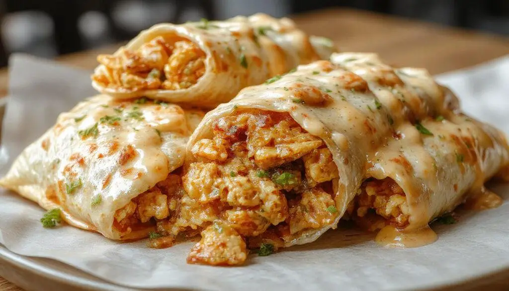 A close-up of cheesy garlic chicken wraps sliced in half, revealing a melted cheese, tender chicken pieces, and crisp lettuce inside a golden brown tortilla, garnished with a sprinkle of fresh herbs.