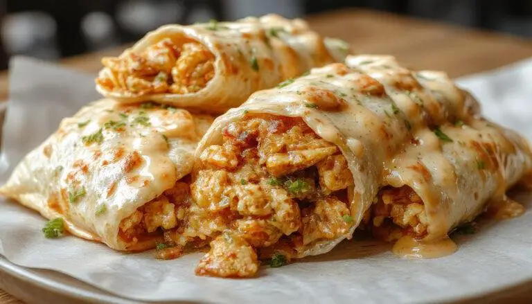 A close-up of cheesy garlic chicken wraps sliced in half, revealing a melted cheese, tender chicken pieces, and crisp lettuce inside a golden brown tortilla, garnished with a sprinkle of fresh herbs.