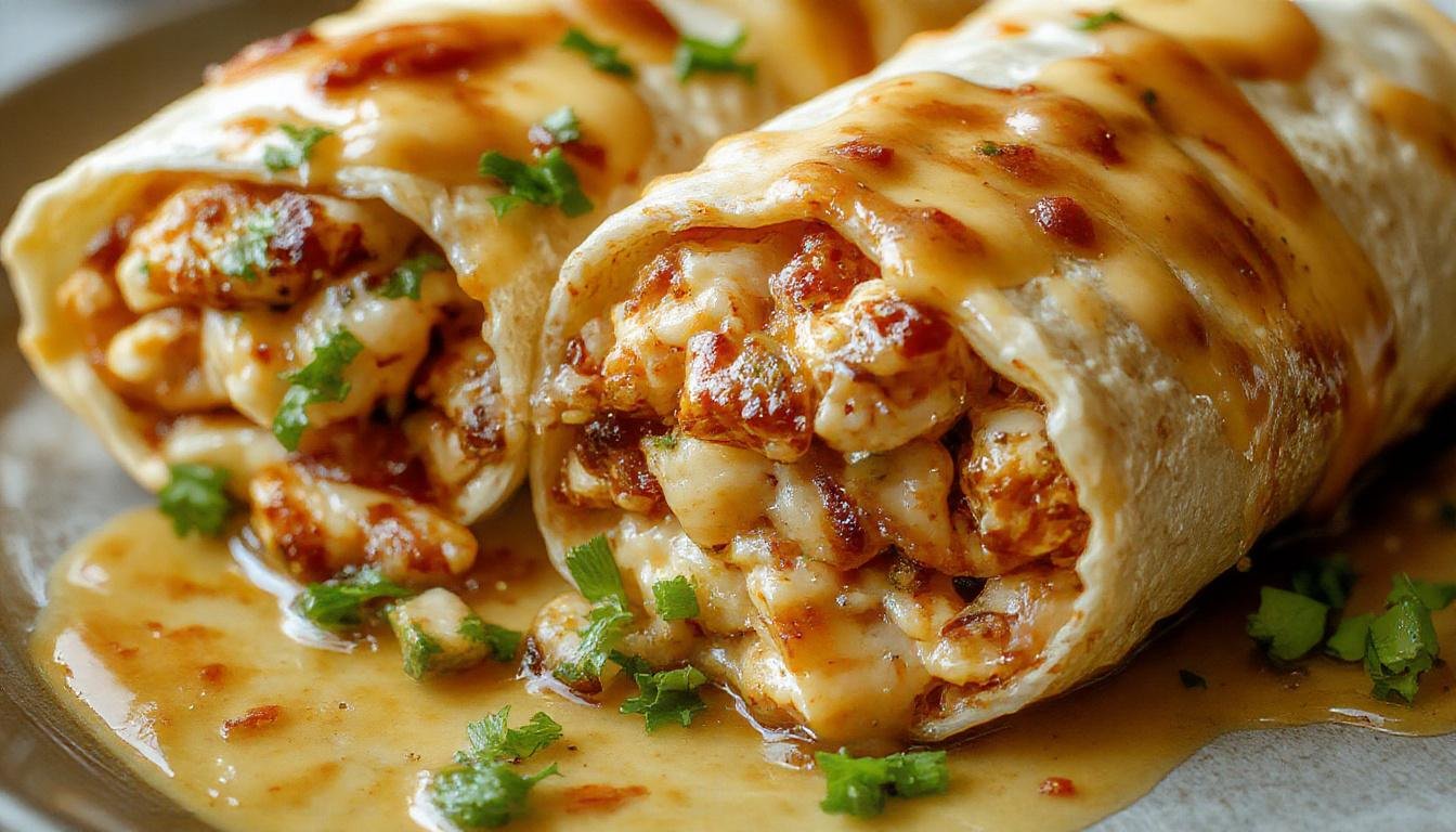 A close-up of a freshly made cheesy garlic chicken wrap cut in half, revealing juicy grilled chicken, melted cheese, crispy lettuce, and garlic sauce inside a golden-brown tortilla, styled with a few herbs for garnish.