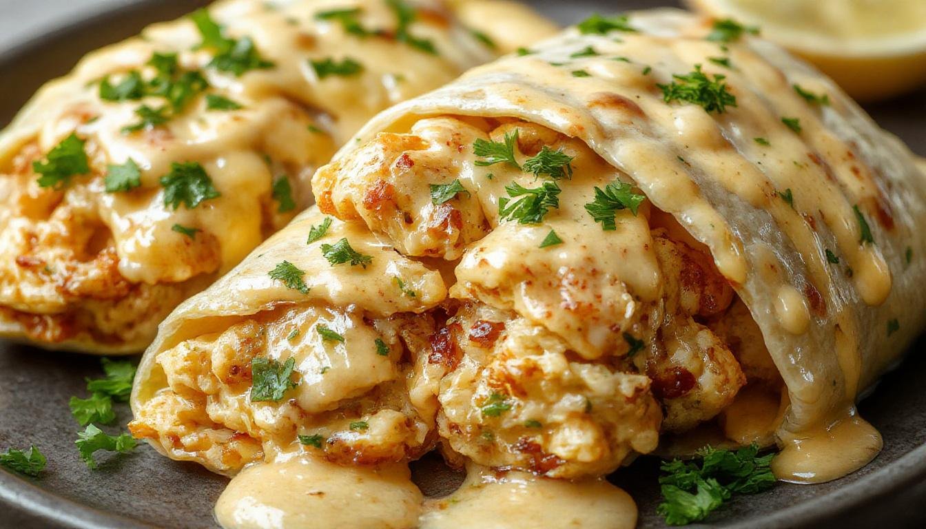 A close-up of golden-brown chicken wraps filled with melted cheese, fresh lettuce, and sliced garlic, sliced open to reveal the gooey filling inside, with a crispy outer shell on a rustic plate.