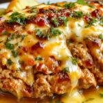A slice of cheesy garlic parm chicken meatloaf on a white plate, topped with melted cheese, golden crust, visible garlic and parmesan bits, garnished with fresh herbs