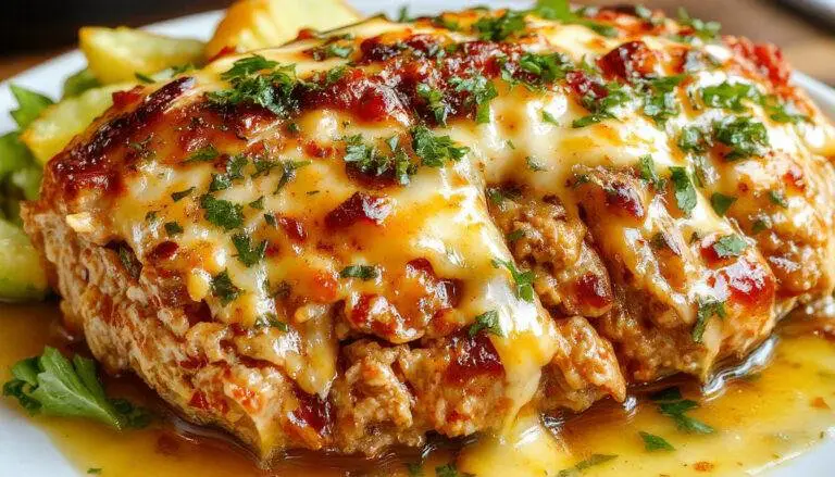 A slice of cheesy garlic parm chicken meatloaf on a white plate, topped with melted cheese, golden crust, visible garlic and parmesan bits, garnished with fresh herbs
