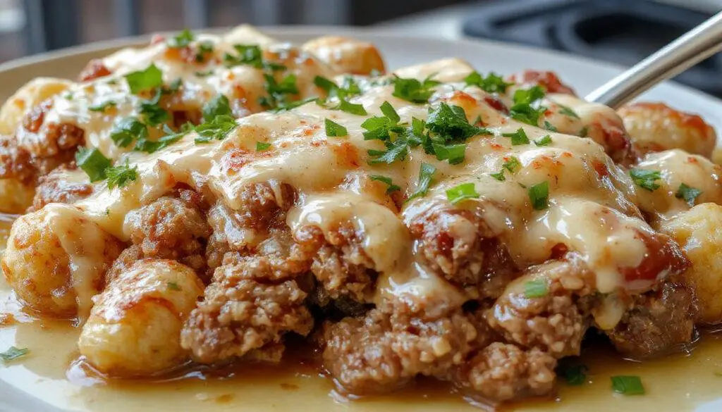 A golden-brown rectangular meatloaf topped with melted cheese, surrounded by crispy Tater Tots arranged in a baking dish. The dish showcases a layered appearance with a crispy crust and gooey cheese melt, garnished with fresh herbs on top.