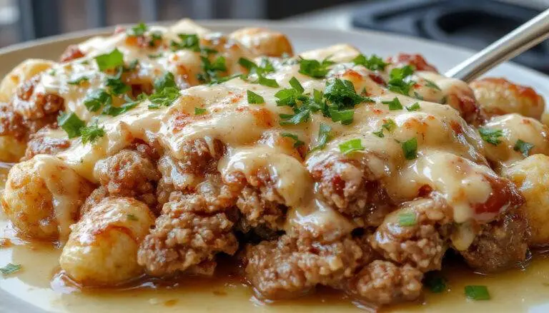 A golden-brown rectangular meatloaf topped with melted cheese, surrounded by crispy Tater Tots arranged in a baking dish. The dish showcases a layered appearance with a crispy crust and gooey cheese melt, garnished with fresh herbs on top.