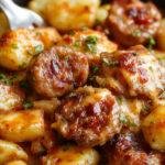 A close-up of a rustic skillet filled with golden-brown smoked sausage slices and tender roasted potatoes topped with melted cheese and chopped herbs, garnished with fresh parsley, creating a warm and hearty visual.