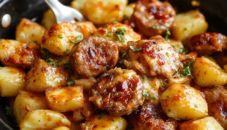 A close-up of a rustic skillet filled with golden-brown smoked sausage slices and tender roasted potatoes topped with melted cheese and chopped herbs, garnished with fresh parsley, creating a warm and hearty visual.