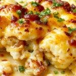 A golden-brown cheesy tater tot casserole in a white baking dish topped with melted cheese and garnished with chopped green onions, steam gently rising from the hot dish.