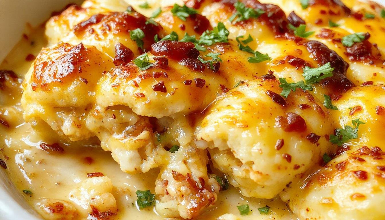 A golden-brown cheesy tater tot casserole in a white baking dish topped with melted cheese and garnished with chopped green onions, steam gently rising from the hot dish.