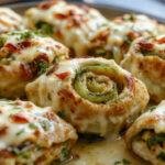 Golden-brown cheesy veggie rolls arranged neatly on a white plate, with visible layers of melted cheese, colorful vegetables peeking out, and a crispy, flaky exterior