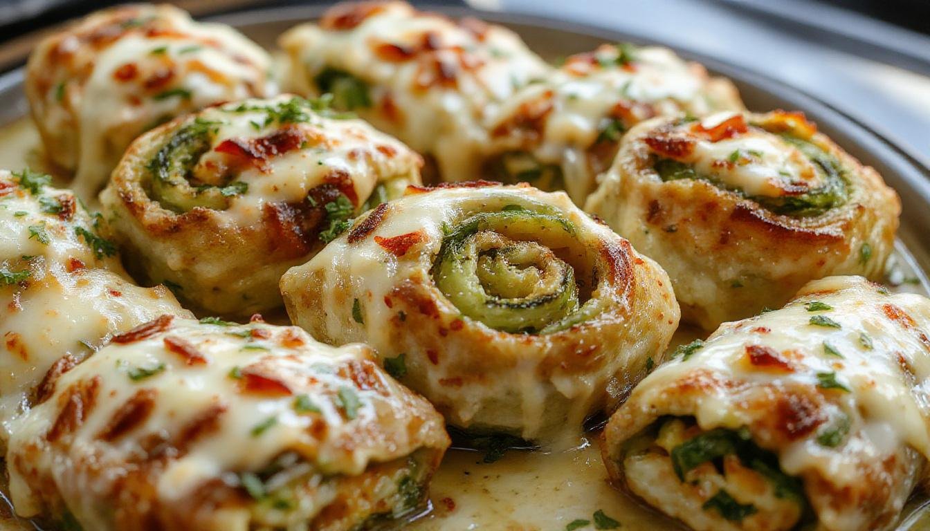 Golden-brown cheesy veggie rolls arranged neatly on a white plate, with visible layers of melted cheese, colorful vegetables peeking out, and a crispy, flaky exterior