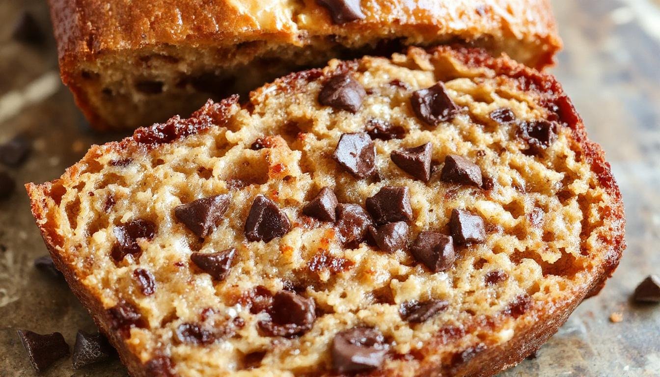 A golden-brown sliced banana bread loaf studded with chocolate chips, placed on a rustic wooden table. The slices reveal a moist, tender crumb with melted chocolate pockets, topped with a few banana slices for garnish.