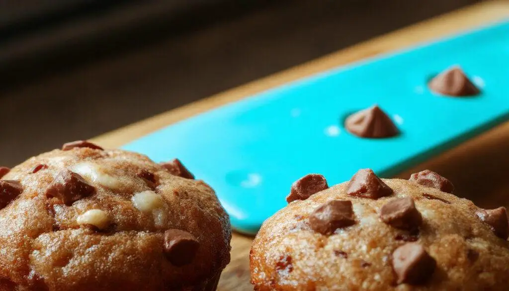 A close-up of golden-brown banana muffins topped with melt-in-your-mouth semi-sweet chocolate chips, arranged in a muffin tin with a few muffins slightly pulled apart revealing moist banana interior, with a soft focus background emphasizing their tempting texture and rich color.
