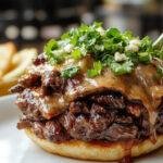 A close-up of a hearty Beef Manhattan on a rustic plate, featuring tender beef chunks coated in rich, glossy gravy, garnished with chopped herbs and served alongside creamy mashed potatoes and vibrant vegetables. The dish is presented elegantly with steam rising, highlighting its warm and comforting appeal.