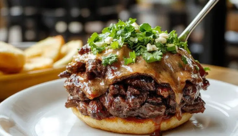 A close-up of a hearty Beef Manhattan on a rustic plate, featuring tender beef chunks coated in rich, glossy gravy, garnished with chopped herbs and served alongside creamy mashed potatoes and vibrant vegetables. The dish is presented elegantly with steam rising, highlighting its warm and comforting appeal.