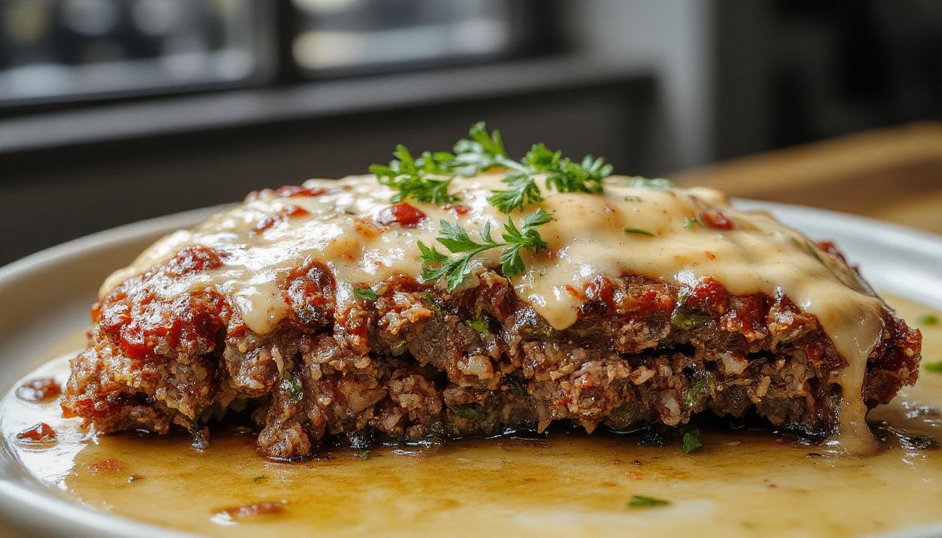 A golden-brown meatloaf sliced open to reveal a moist, savory interior, topped with a glossy glaze and garnished with fresh herbs, served on a rustic white plate with a side of mashed potatoes and steamed vegetables.