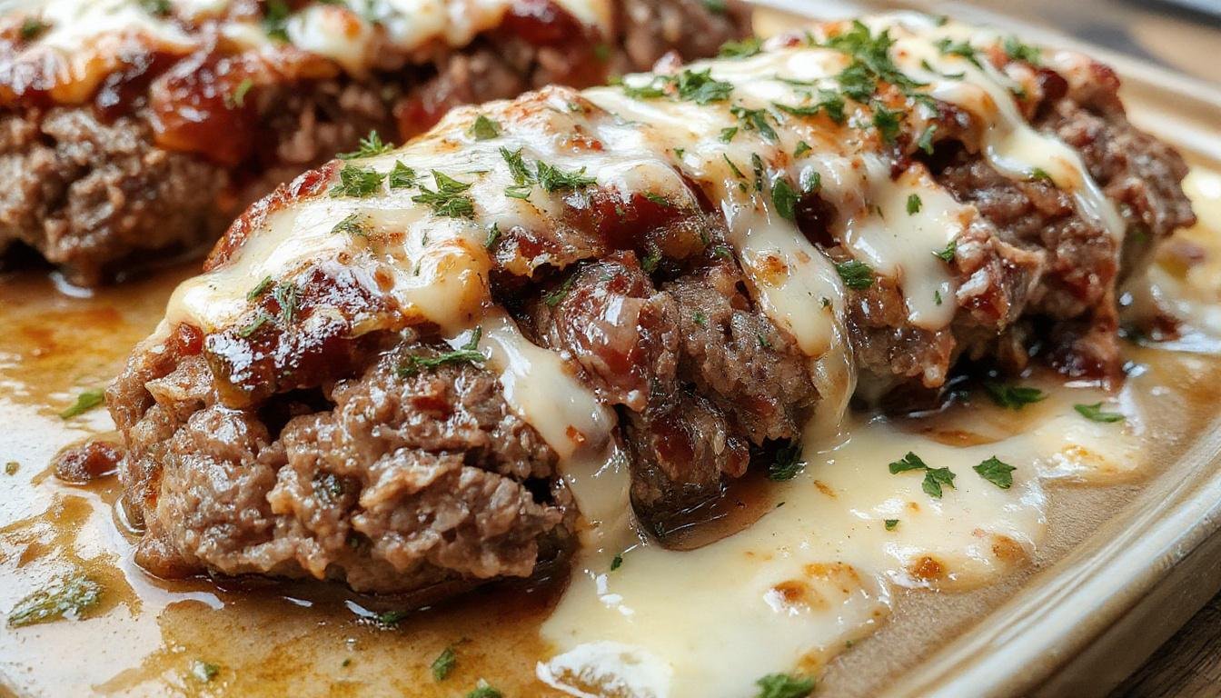 A hearty slice of classic stuffed Italian meatloaf on a white plate, topped with marinara sauce and melted cheese, garnished with fresh herbs. The filling reveals a colorful mixture of vegetables and sausage encased in a golden-brown crust, with a side of roasted vegetables and a sprig of basil for garnish.