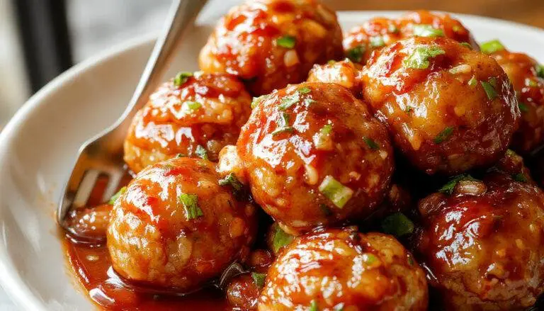 A close-up of a white plate filled with golden-brown meatballs coated in a glossy, vibrant red sweet and sour sauce, garnished with finely chopped green onions. The meatballs are arranged neatly, showing their juicy texture and crispy exterior, with a background of a serving spoon and colorful bell peppers hinting at the ingredients used.