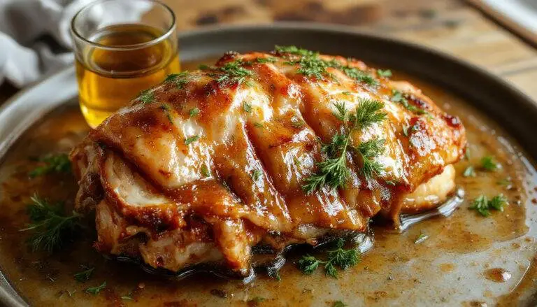 Un plat de cochon confit joliment présenté dans une assiette rustique, la viande est dorée et tendre, accompagnée de pommes de terre rôties, avec une sauce brillante et savoureuse, décorée de branches de thym et de morceaux d'érable.