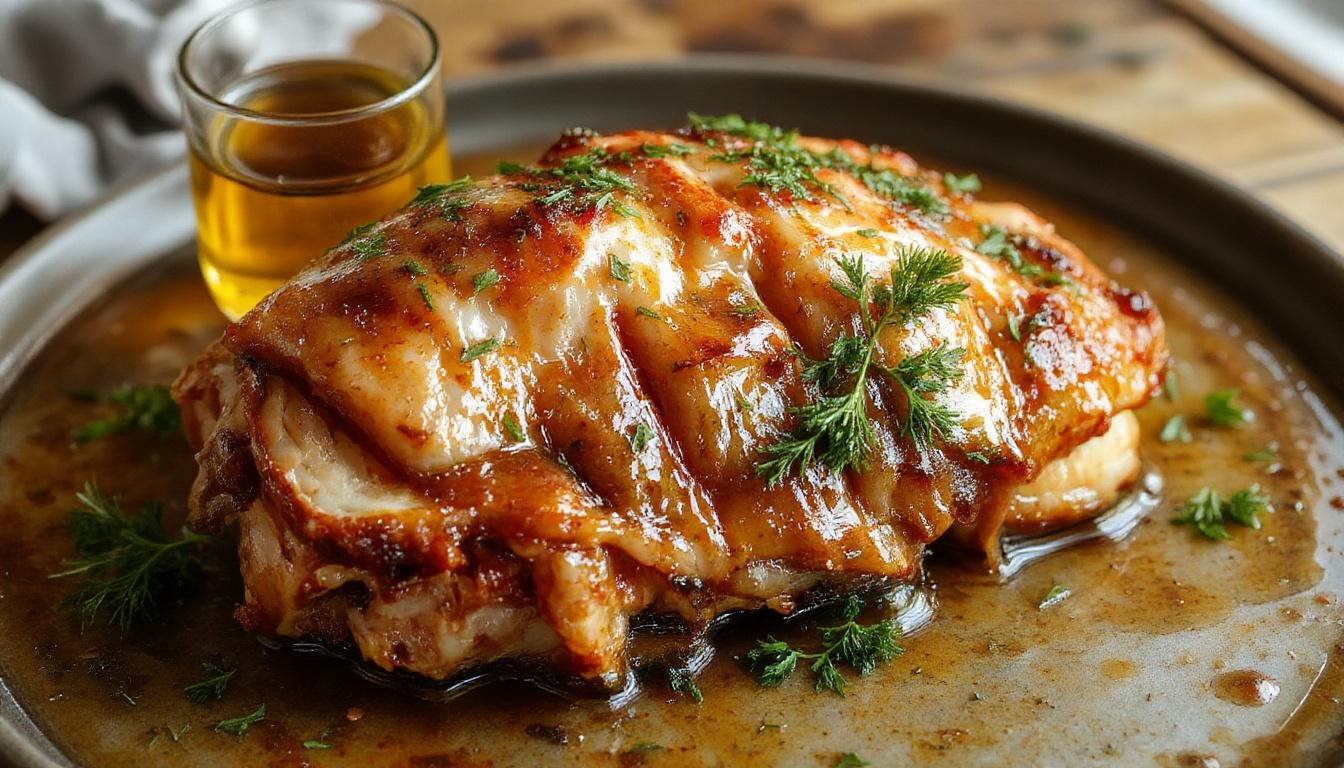 Un plat de cochon confit joliment présenté dans une assiette rustique, la viande est dorée et tendre, accompagnée de pommes de terre rôties, avec une sauce brillante et savoureuse, décorée de branches de thym et de morceaux d'érable.