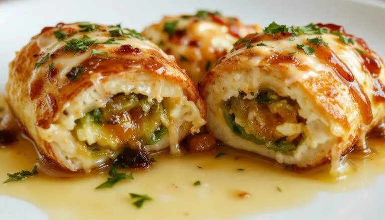 Une assiette élégante mettant en valeur un cordon bleu de courgettes, doré à l'extérieur avec un cœur fondant visible, présenté sur une assiette blanche avec une garniture de fines herbes et une sauce légère autour.