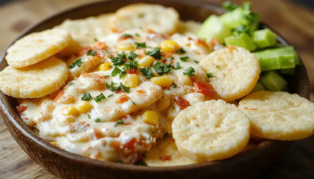 A vibrant bowl of creamy corn and cheese dip garnished with herbs, perfect for serving at gatherings or as a tasty snack.