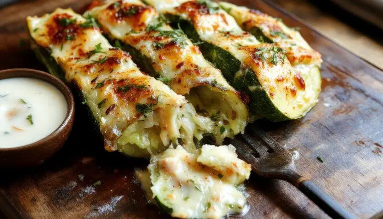 Une assiette présentant des courgettes farcies légères et gratinées, coupées en deux dans le sens de la longueur, avec une surface dorée et croustillante, garnies de légumes colorés visibles à l'intérieur, présentées sur une nappe blanche avec des herbes fraîches pour la décoration.