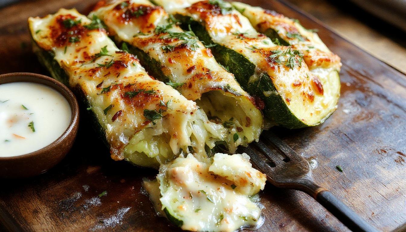 Une assiette présentant des courgettes farcies légères et gratinées, coupées en deux dans le sens de la longueur, avec une surface dorée et croustillante, garnies de légumes colorés visibles à l'intérieur, présentées sur une nappe blanche avec des herbes fraîches pour la décoration.