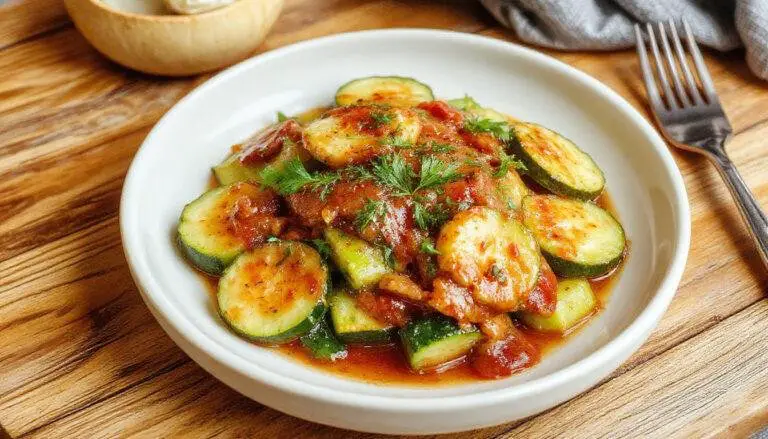 Une assiette de courgettes coupées en rondelles, recouvertes d'une sauce bolognaise riche et parfumée, garnies de fromage fondu et de basilic frais, présentées dans une assiette blanche élégante, avec un fond flou de cuisine chaleureuse.