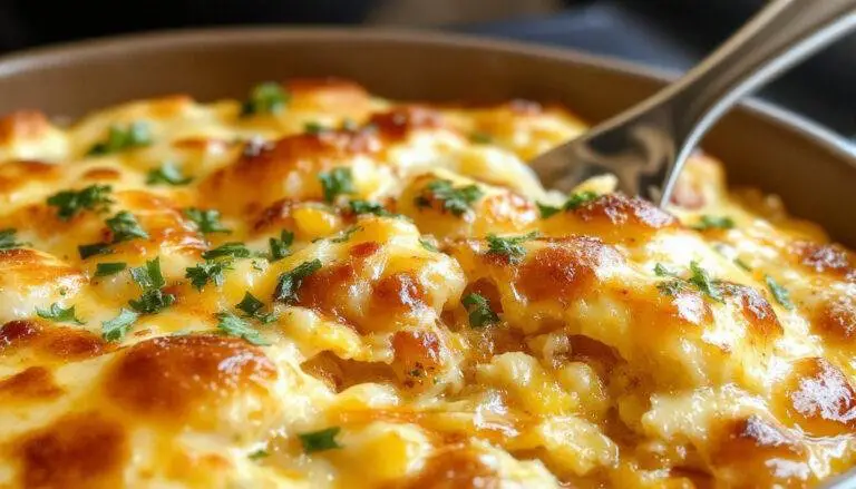 A golden-brown cowboy cornbread casserole served in a rustic casserole dish, topped with melted cheese and slices of jalapenos. The cut section reveals a moist, crumbly cornbread with chunks of meat and vegetables inside, garnished with fresh herbs around the edges.