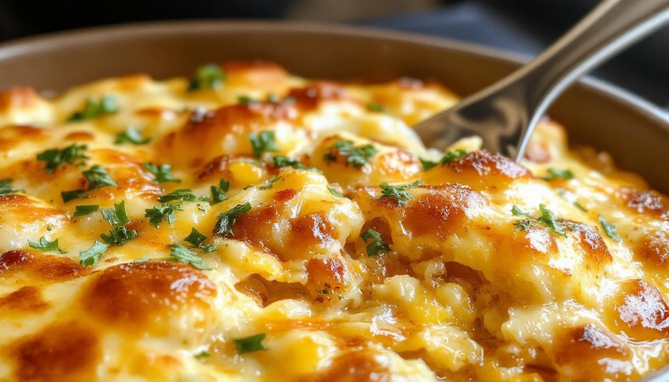 A golden-brown cowboy cornbread casserole served in a rustic casserole dish, topped with melted cheese and slices of jalapenos. The cut section reveals a moist, crumbly cornbread with chunks of meat and vegetables inside, garnished with fresh herbs around the edges.