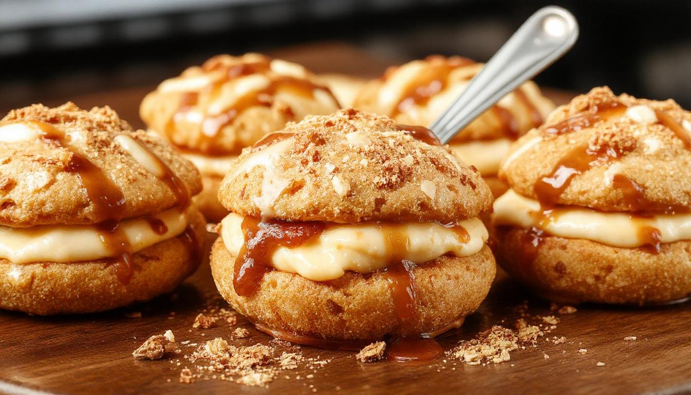 A pair of soft, golden-brown apple cider whoopie pies with smooth caramel filling visible between the cookies, garnished with a light dusting of cinnamon and placed on a rustic wooden plate with a few apple slices and cinnamon sticks nearby, evoking a warm fall atmosphere.