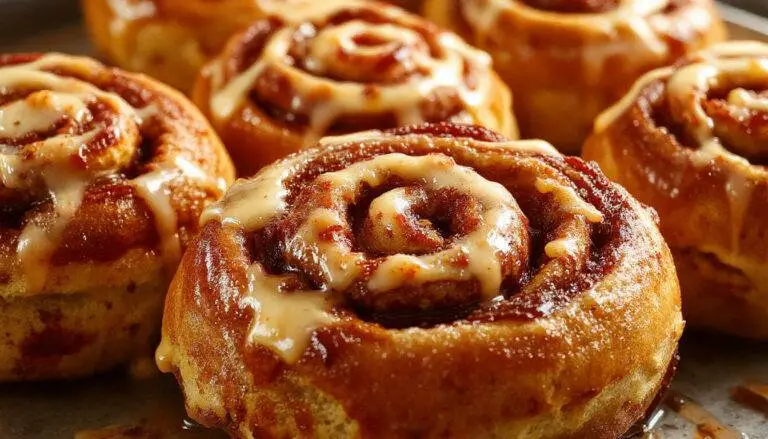 A close-up of a freshly baked pumpkin cinnamon roll topped with a drizzle of creamy vanilla glaze. The roll is golden-brown with swirls of pumpkin spice filling visible. The surface is slightly glossy with a hint of cinnamon sugar, and a few chopped pecans are sprinkled on top, all placed on a rustic wooden serving board.