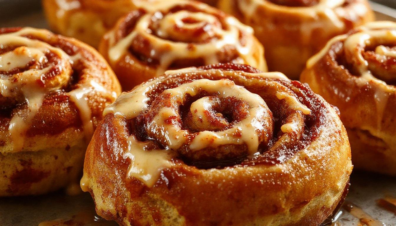 A close-up of a freshly baked pumpkin cinnamon roll topped with a drizzle of creamy vanilla glaze. The roll is golden-brown with swirls of pumpkin spice filling visible. The surface is slightly glossy with a hint of cinnamon sugar, and a few chopped pecans are sprinkled on top, all placed on a rustic wooden serving board.