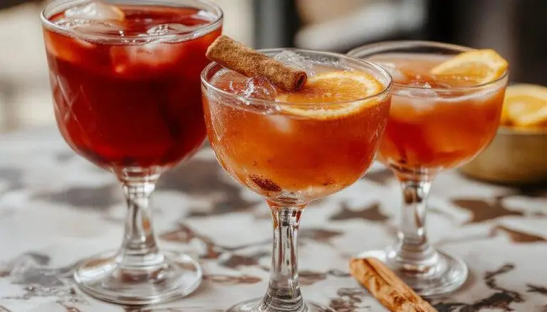 A vibrant, clear glass showcasing a bright orange mocktail garnished with a cinnamon stick and orange slices, with a frosty salted rim and a cinnamon powder dusted surface.
