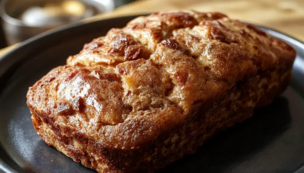 A warm, golden-brown loaf of cinnamon swirl banana bread sliced open to reveal a generously swirled cinnamon filling inside, with a soft, moist crumb. The loaf rests on a rustic wooden surface, with a few banana slices and a sprinkle of cinnamon nearby, evoking comfort and homemade warmth.