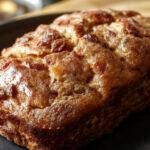 A warm, golden-brown loaf of cinnamon swirl banana bread sliced open to reveal a generously swirled cinnamon filling inside, with a soft, moist crumb. The loaf rests on a rustic wooden surface, with a few banana slices and a sprinkle of cinnamon nearby, evoking comfort and homemade warmth.